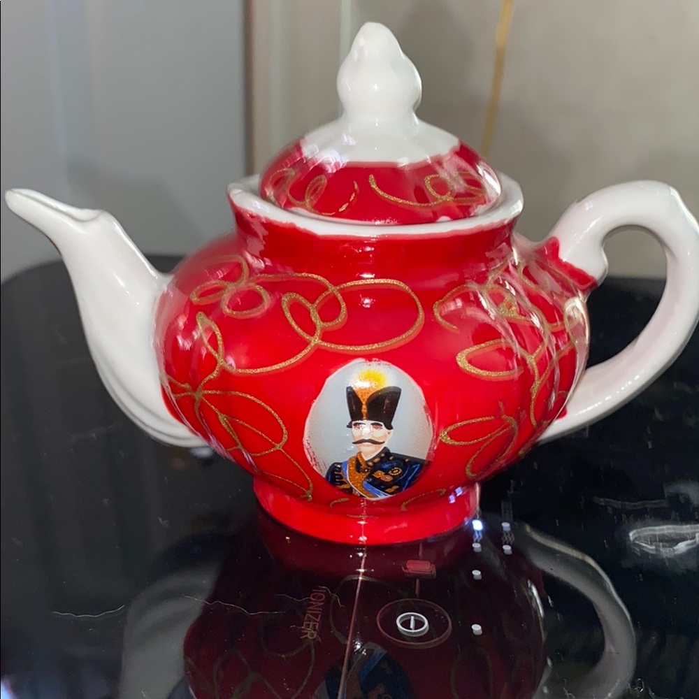 Vintage Persian Shah Motif Red and White Decorative Teapot with Gold Accents